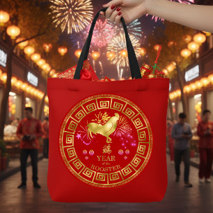 Tote Bag Coq du Zodiaque Chinois Rouge/Or ID542
