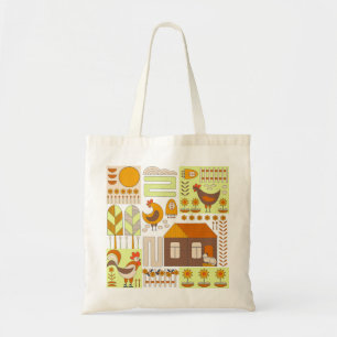 Tote Bag Coq, poules, dessin géométrique floral.