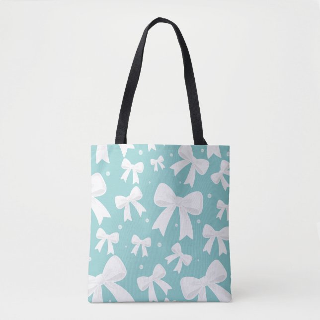 Tote Bag Coquette Bleue Avec Perles Et Rubans Blancs  (Devant)