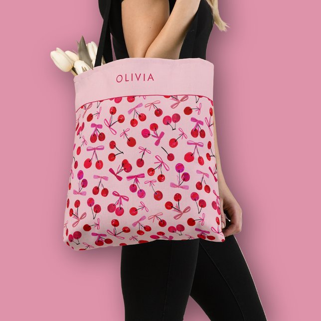 Tote Bag Coquette Cerise & Nœud (Coquette cherry and bow girly pattern tote bag. Personalize with your own name or initials.)