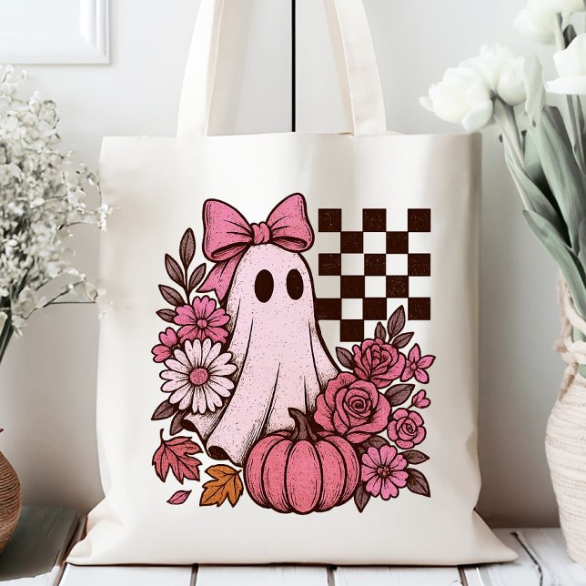 Tote Bag Coquette rose rétro Fille fantôme avec Bow Hallowe (This coquette ghost retro Halloween design combines floral sweetness with spooky spirit.)