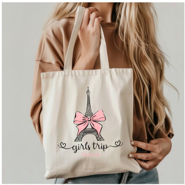 Tote Bag Coquette Voyage de fille Tour Eiffel & Bow rose Pe (Créateur téléchargé)