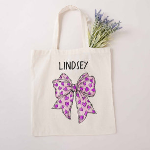 Tote Bag Coquette Whimsical Bow Lavender et Coeurs pourpres
