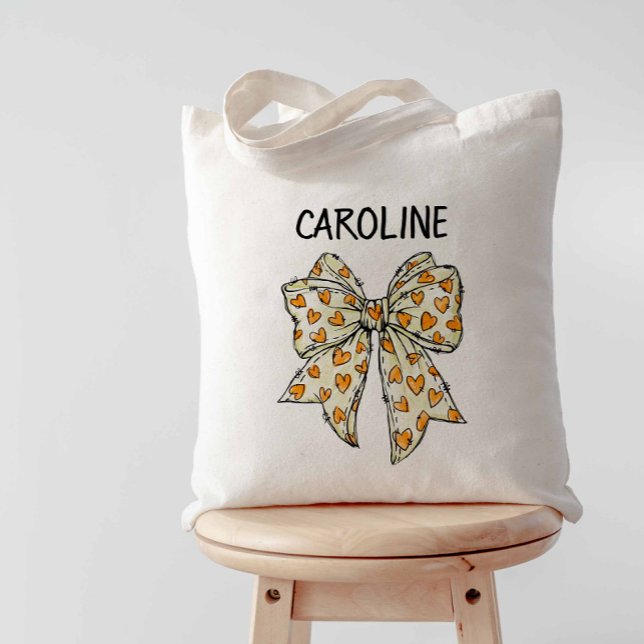 Tote Bag Coquette Whimsical Orange Yellow Heart Bow (Yellow-Orange Coquette Bow Tote Bag)