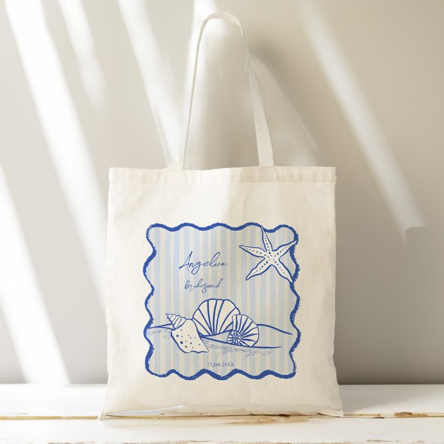Tote Bag Coquillages bleu ondulé bordé plage bridesservante (Seashells blue wavy border beach bridesmaids gifts personalized name tote bag bridal party favors)