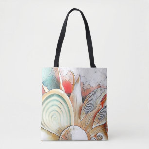 Tote Bag Coquillages colorés sur peinture d'aquarelle de pl