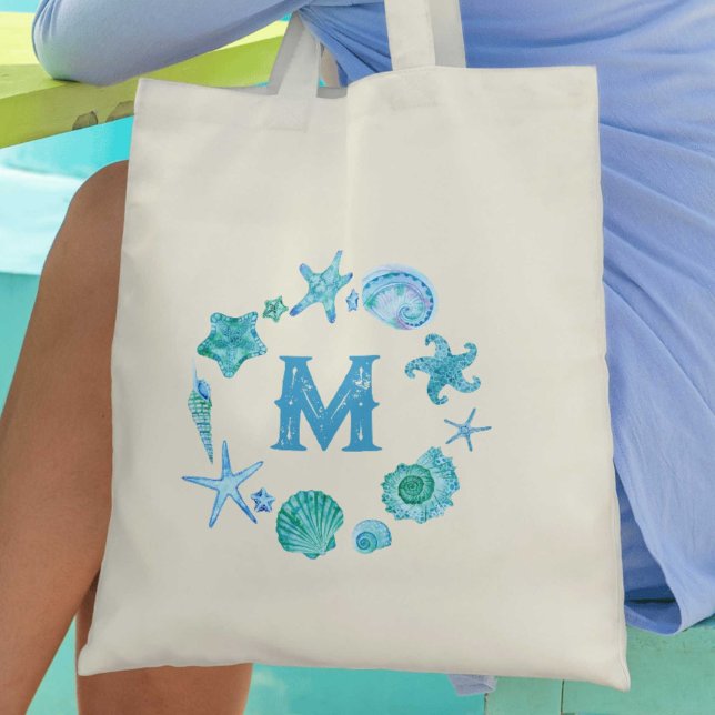 Tote Bag Coquillages côtiers et Starfish Monogramme (Coastal Seashells and Starfish Monogrammed Tote Bag)