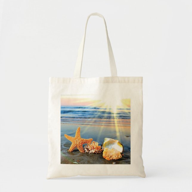 Tote Bag Coquillages marins et étoiles de mer sur la plage (Devant)