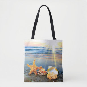 Tote Bag Coquillages marins et étoiles de mer sur la plage