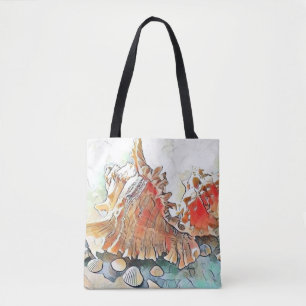 Tote Bag Coquillages orange sur peinture d'aquarelle de pla