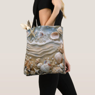 Tote Bag Coquillages Starfish Pearls Beach Sable Seafoam