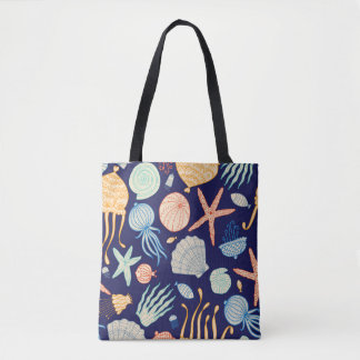 Tote Bag Coquilles de méduse Poisson Algues Motif