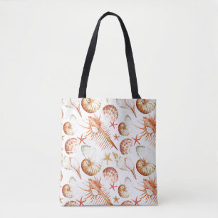 Tote Bag Corail avec les coquilles et le motif de crabes