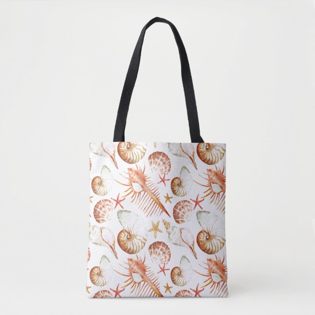 Tote Bag Corail avec les coquilles et le motif de crabes (Devant)