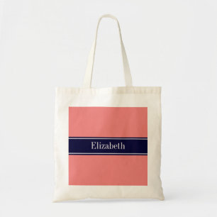 Tote Bag Corail clair solide, Marine Blue Ribbon Nom Monogr