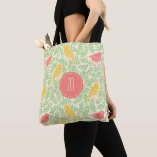 Tote Bag Corail et doré Oiseaux de printemps Monogramme