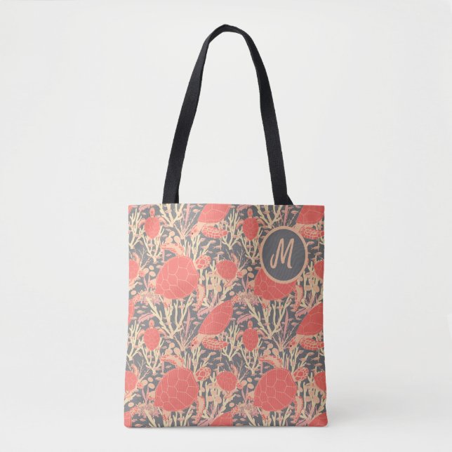 Tote Bag Corail rose et gris Monogramme Tortue de mer (Devant)