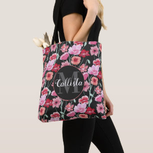 Tote Bag Corail rouge rose noir Fleurs d'aquarelle Monogram