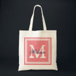 Tote Bag Coral and navy monogram wedding party tote bags<br><div class="desc">Custom coral and navy blue monogrammed wedding party tote bags. Personalized name monogram tote bag | Customizable color background. Elegant logo design with letter initials and fancy border frame. Cute vintage gift idea for bride and brides entourage. Make your own for trendy bridesmaid, maid of honor, flower girls, mother of...</div>
