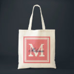 Tote Bag Coral and navy monogram wedding party tote bags<br><div class="desc">Custom coral and navy blue monogrammed wedding party tote bags. Personalized name monogram tote bag | Customizable color background. Elegant logo design with letter initials and fancy border frame. Cute vintage gift idea for bride and brides entourage. Make your own for trendy bridesmaid, maid of honor, flower girls, mother of...</div>