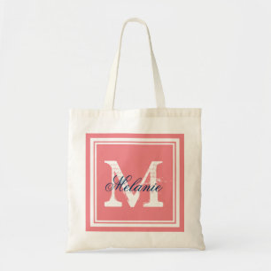 Tote Bag Coral and navy monogram wedding party tote bags