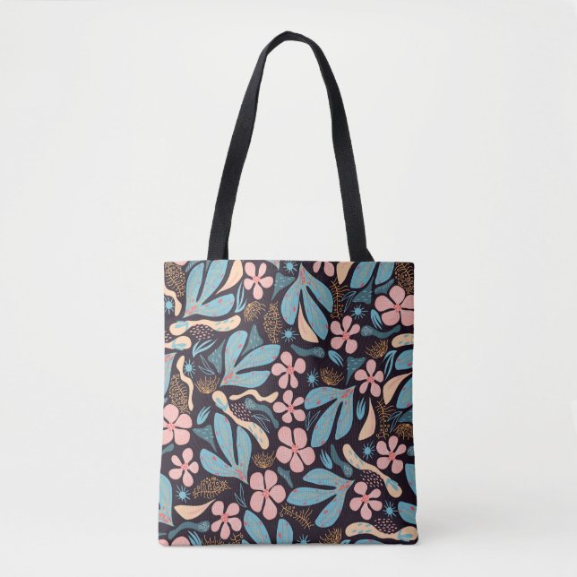 Tote Bag Coral Blue Floral Dark Print (Devant)