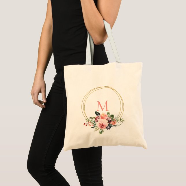 Tote Bag Coral Floral Gold Hoops Monogramme (Devant (produit))