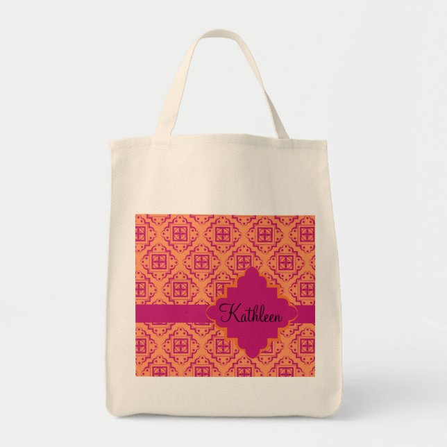 Tote Bag Coral Orange & Magenta Arabesque Marocain (Devant)
