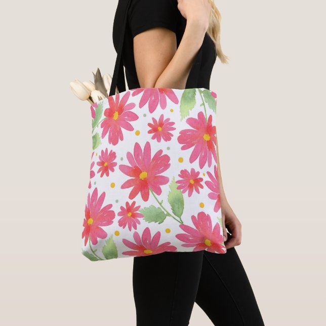 Tote Bag Coral rose aquarelle Motif marguerite (De près)
