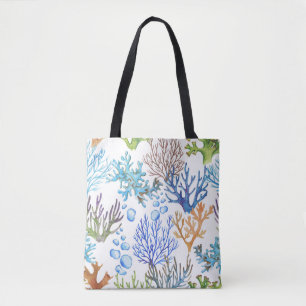 Tote Bag Coraux dessinés à la main : motif sous-marin.