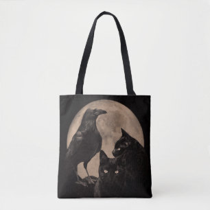 Tote Bag Corbeau gothique, chats noirs et lune