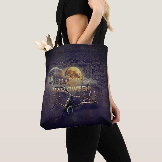 Tote Bag Corbeau gothique éffrayant En Pleine lune Hallowee (De près)