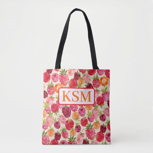 Tote Bag Corbeille en filigrane Monogramme Été Framboise Aq (Devant)