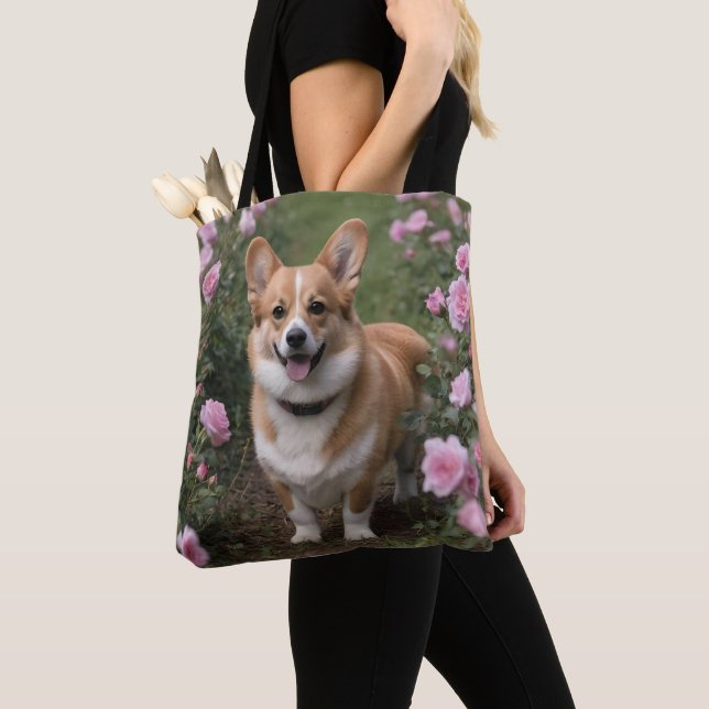 Tote Bag Corgi Dans Les Roses Rose, (De près)
