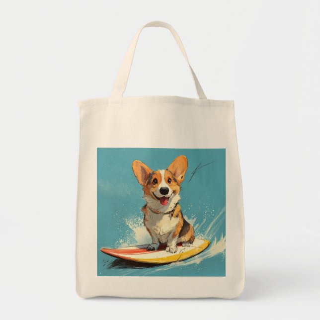 Tote Bag Corgi Dog Riding Surfboard (Devant)