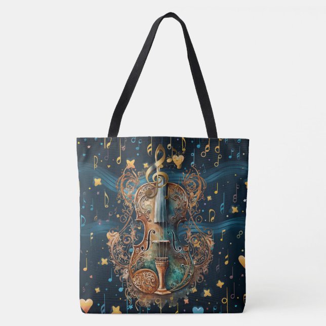 Tote Bag  Cosmic Blue and Gold Rococo Violin Large Tote (Devant)