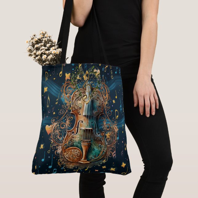 Tote Bag Cosmic Blue and Gold Violin Large Shoulder Tote (De près)