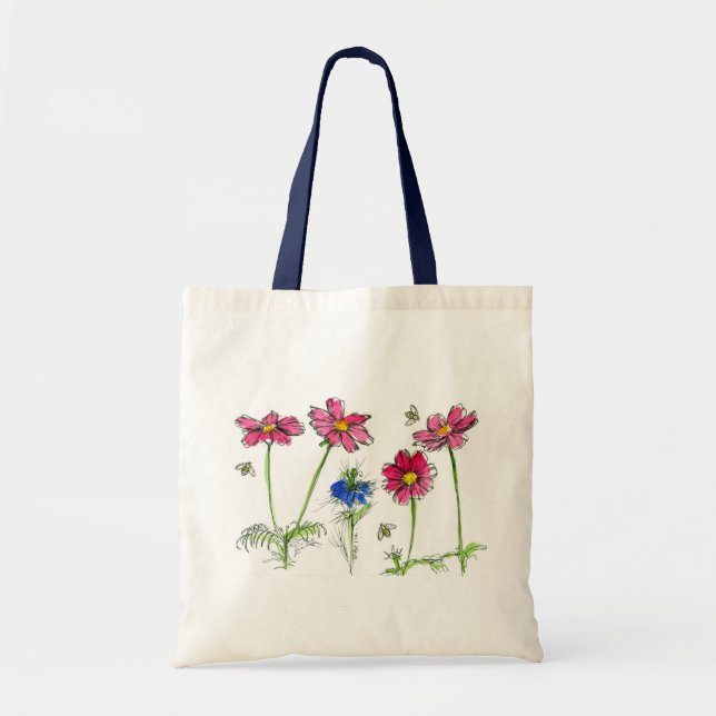 Tote Bag Cosmos rose Aquarelle Fleurs Abeilles de miel (Devant)