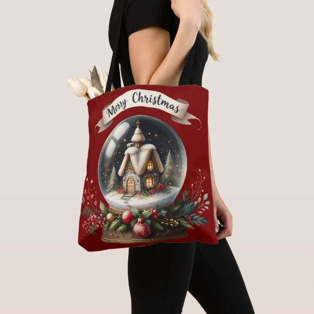 Tote Bag Cosy Christmas Snow Globe Cottage Scène (De près)