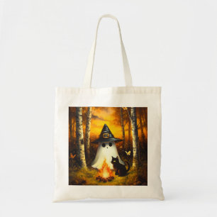 Tote Bag Cosy Halloween Ghost & Black Cat Campfire Art
