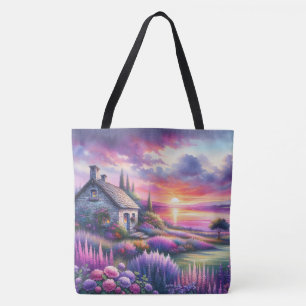Tote Bag Cottage au coucher de soleil pastel Jardin au bord