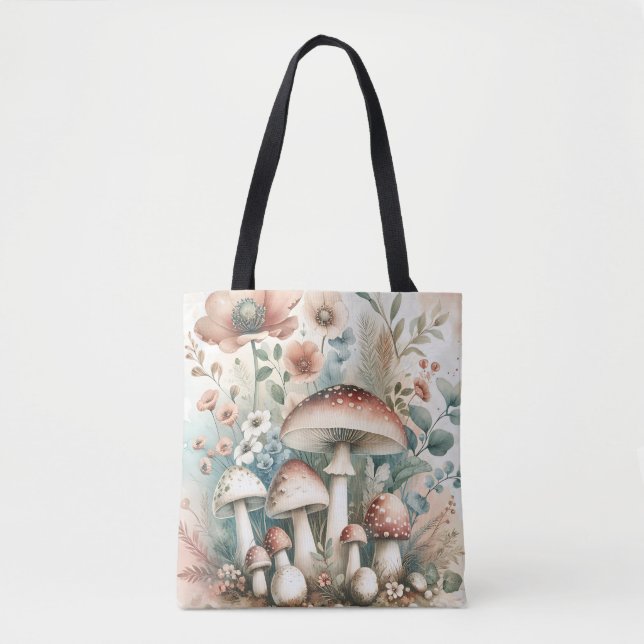 Tote Bag Cottage | Champignons et fleurs vintages (Devant)