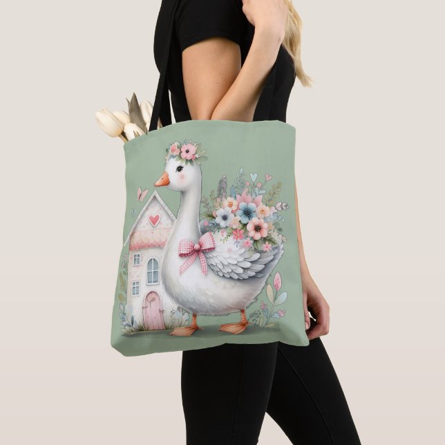 Tote Bag Cottage Goose Floral House Scène (De près)