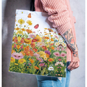 Tote Bag Cottage noyau de fleurs sauvages et de papillons t