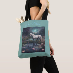 Tote Bag Cottagecore Cheval Blanc dans un étang et fleurs