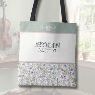Tote Bag Cottagecore Floral Violon Sage Vert Musicien