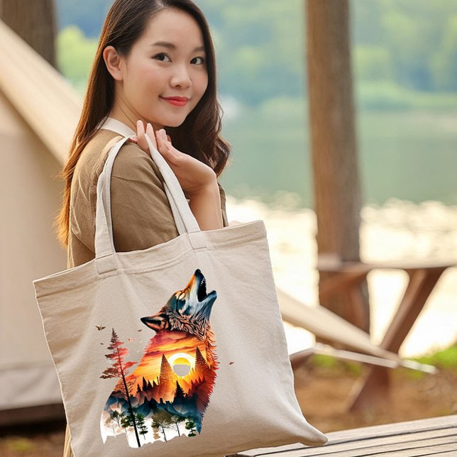 Tote Bag Coucher de soleil à double exposition loup hurlant (Créateur téléchargé)