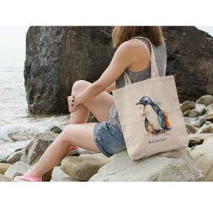 Tote Bag Coucher de soleil Aquarelle Pingouin, personnalisé