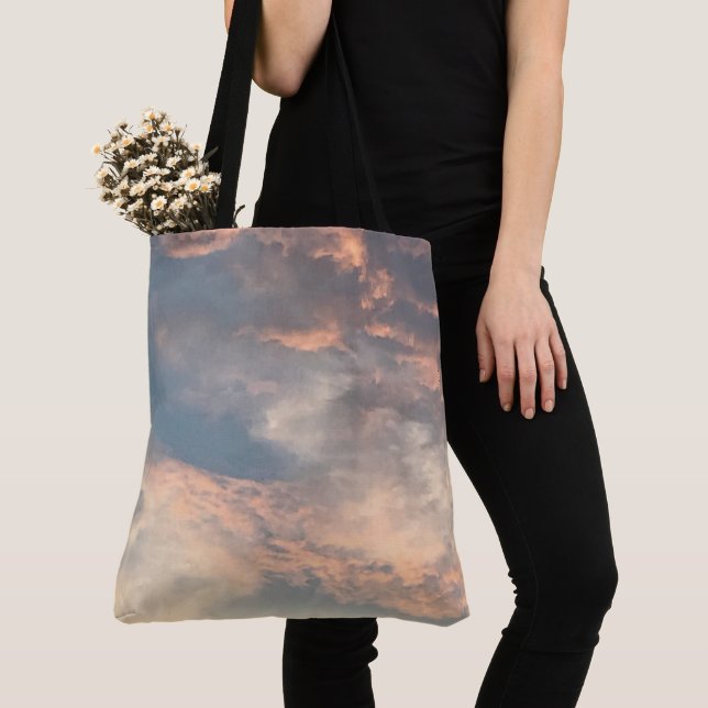 Tote Bag coucher de soleil d'été bleu ciel, rose poussiéreu (De près)