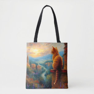 Tote Bag Coucher de soleil toscan avec un chat roux